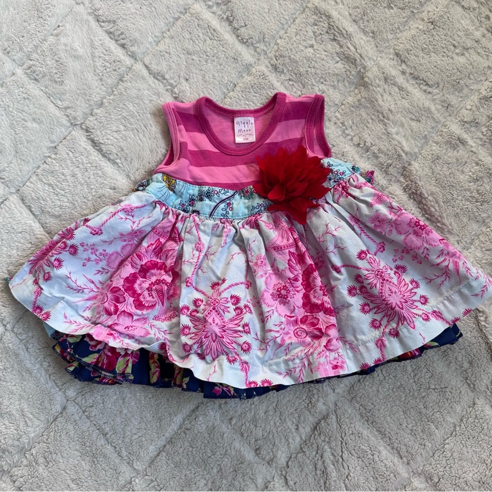 Giggle Moon | Pink Stripe Floral Sleeveless Twirl Dress | Size 12 Months